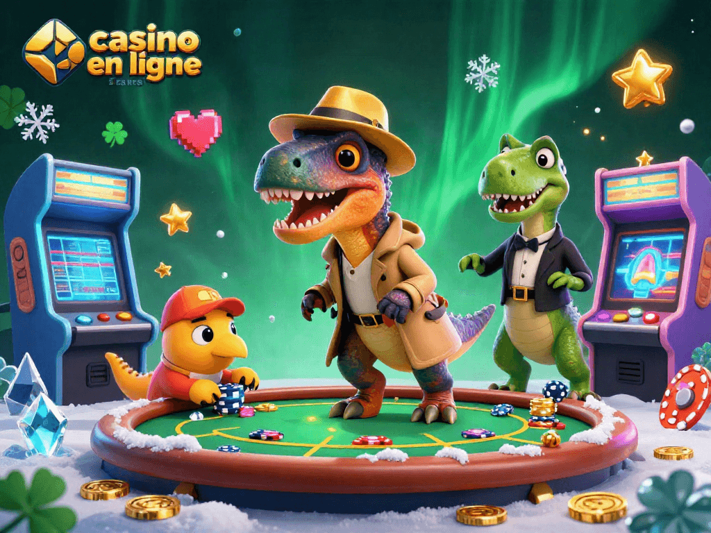 Visuel captivant de la scène de casino en ligne France où un vélociraptor tente de tricher tout en étant surveillé par un pit boss.