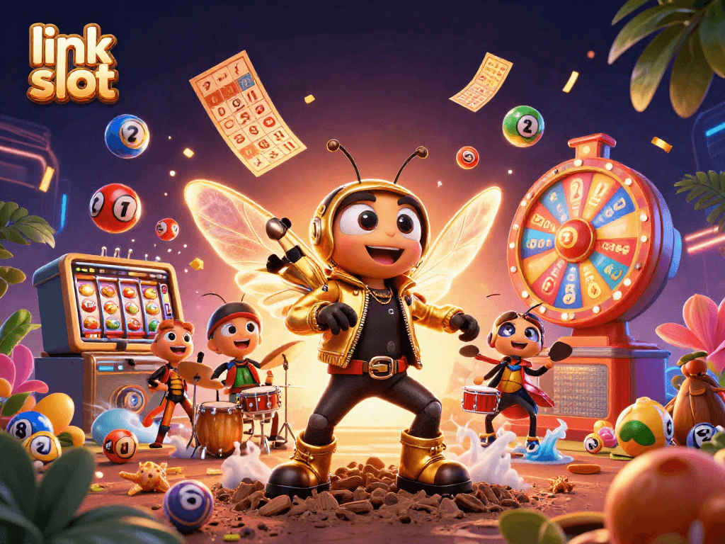 Unleash the excitement with link slot: 3D cicada rock star with gambling elements in an electrifying casino scene.