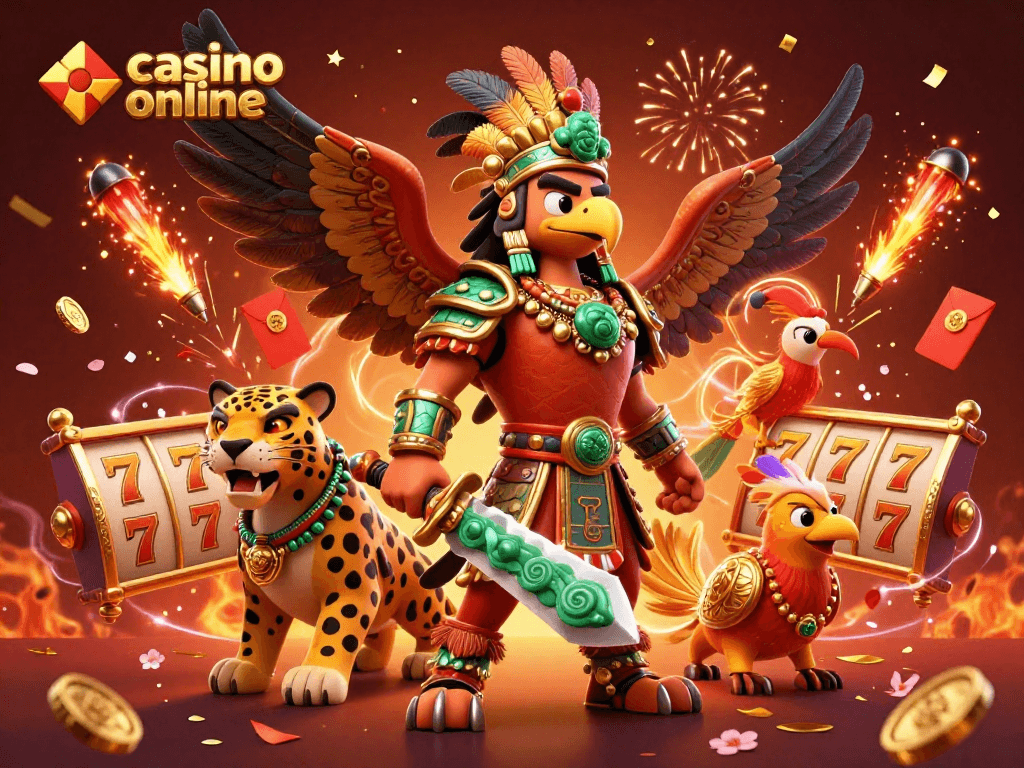 Casino online illustration with mythical warriors, slot reels, and festive elements.