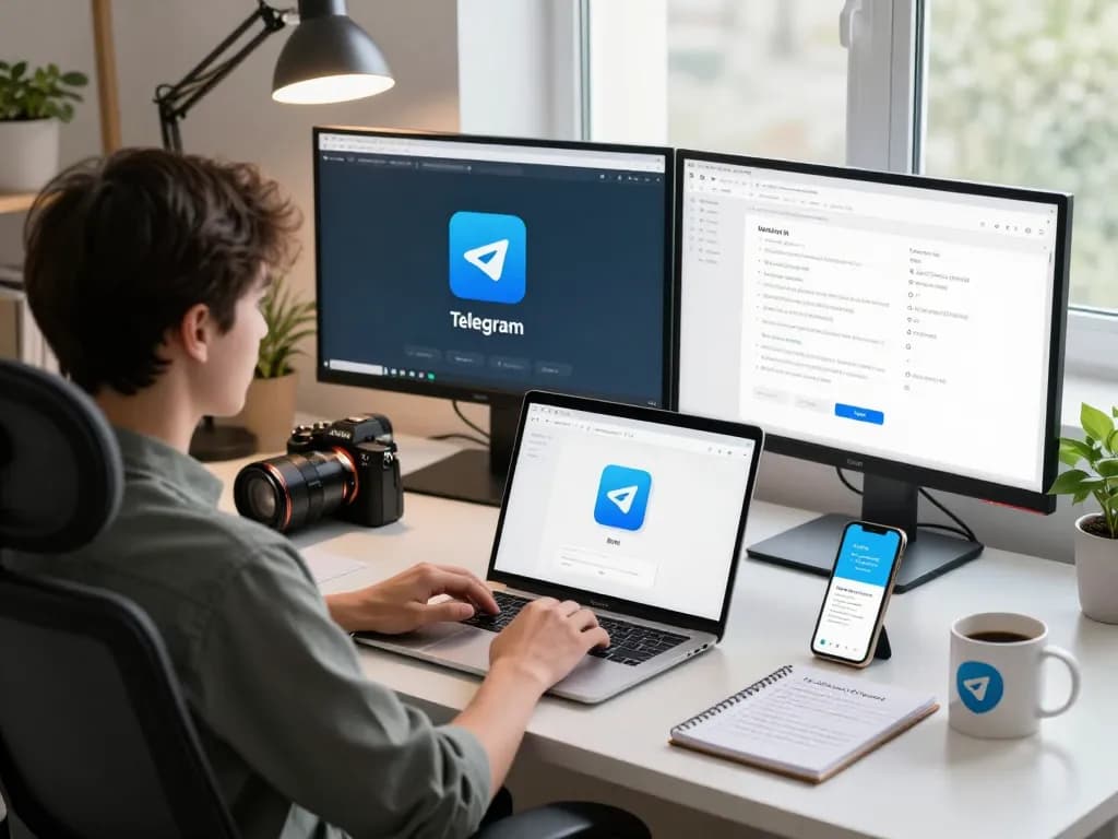 Utilizing the Telegram 电脑版 application on a MacBook in a modern workspace with ergonomic furniture and tech accessories.