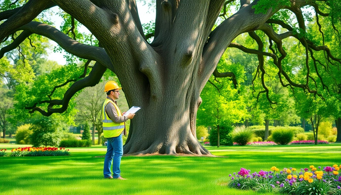 Tree Consultancy professional examining a mature oak tree in a tranquil park setting.