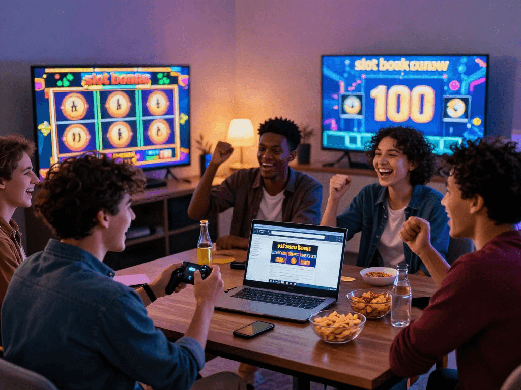 Friends enjoying a gaming night celebrating with a slot bonus new member 100 offer, showcasing excitement and camaraderie in a cozy living room.