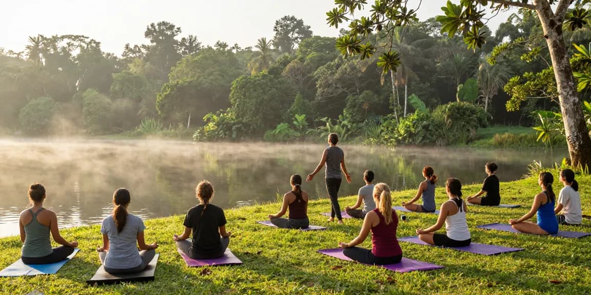 Participants in yoga teacher training Sri Lanka meditating by Koggala Lake at sunrise, serene natural backdrop.