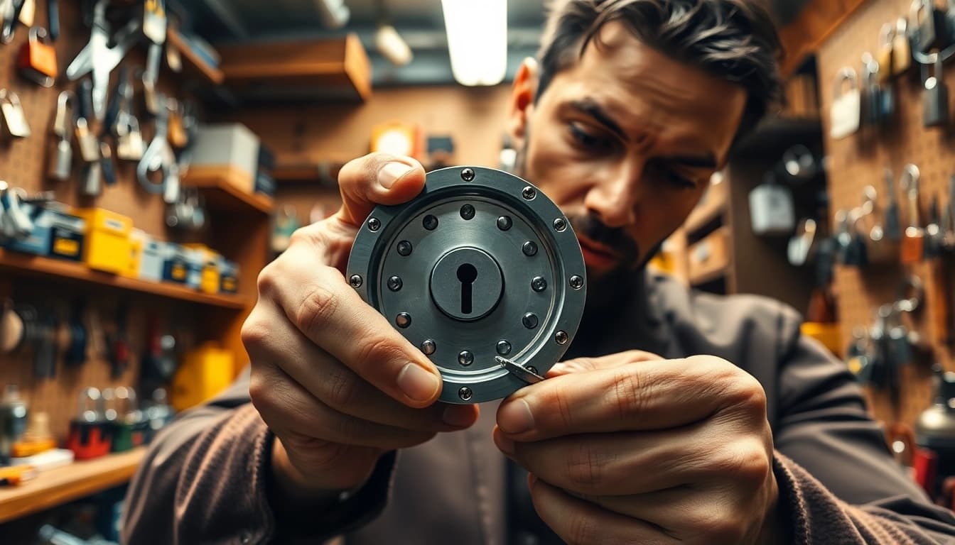 Skilled locksmith demonstrating precise techniques on a complex lock.