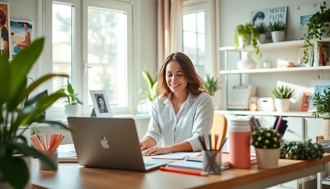 Engaging lifestyle blogger at https://giveaways4mom.com creating content in a vibrant workspace.