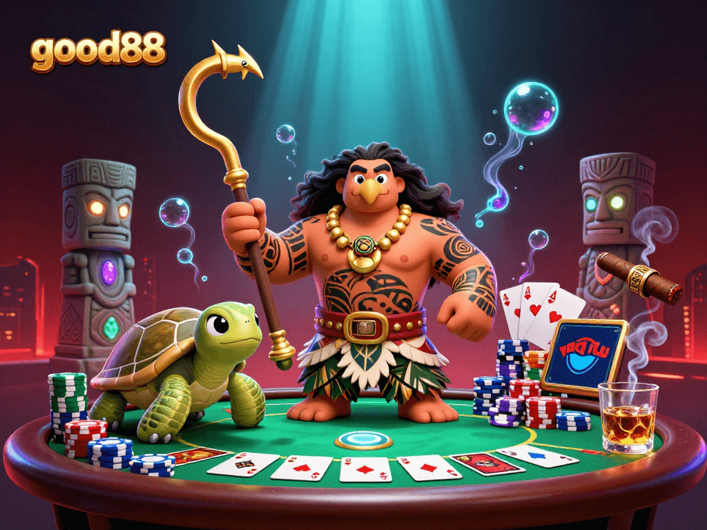 Experience thrilling wins at good88 with a dynamic casino scene featuring poker and glowing characters.