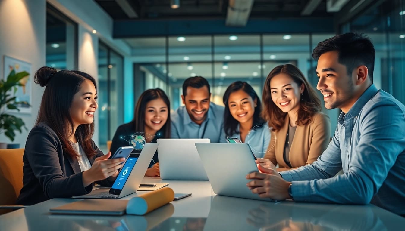 快连下载 featured in a collaborative office setting with professionals discussing global network solutions.