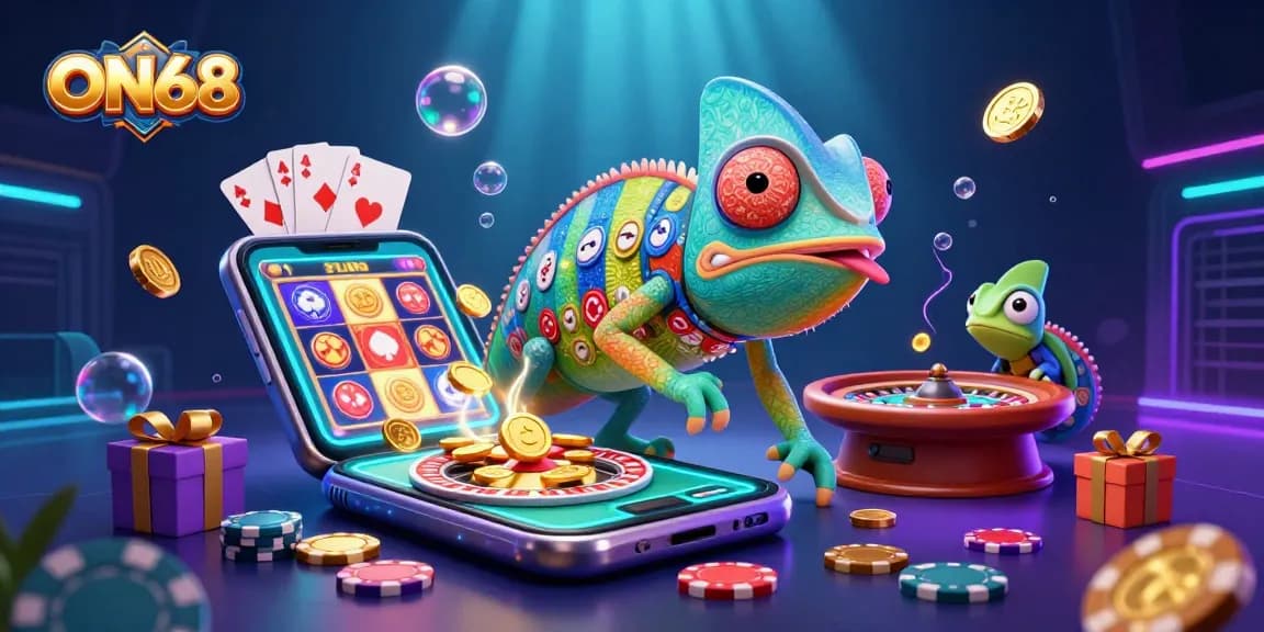 Experience thrilling gaming at ON68 with a colorful scene of a chameleon casino owner capturing coins.