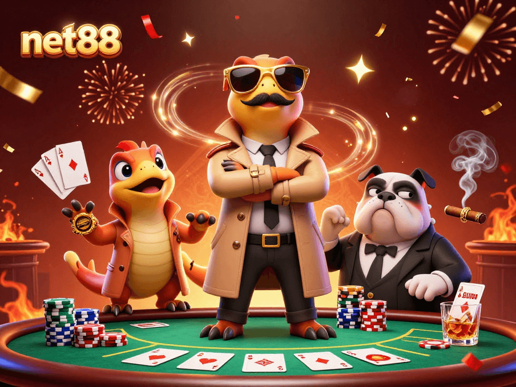 Raptors dressed humorously in a trench coat approach the net88 VIP casino lounge, evoking laughter.