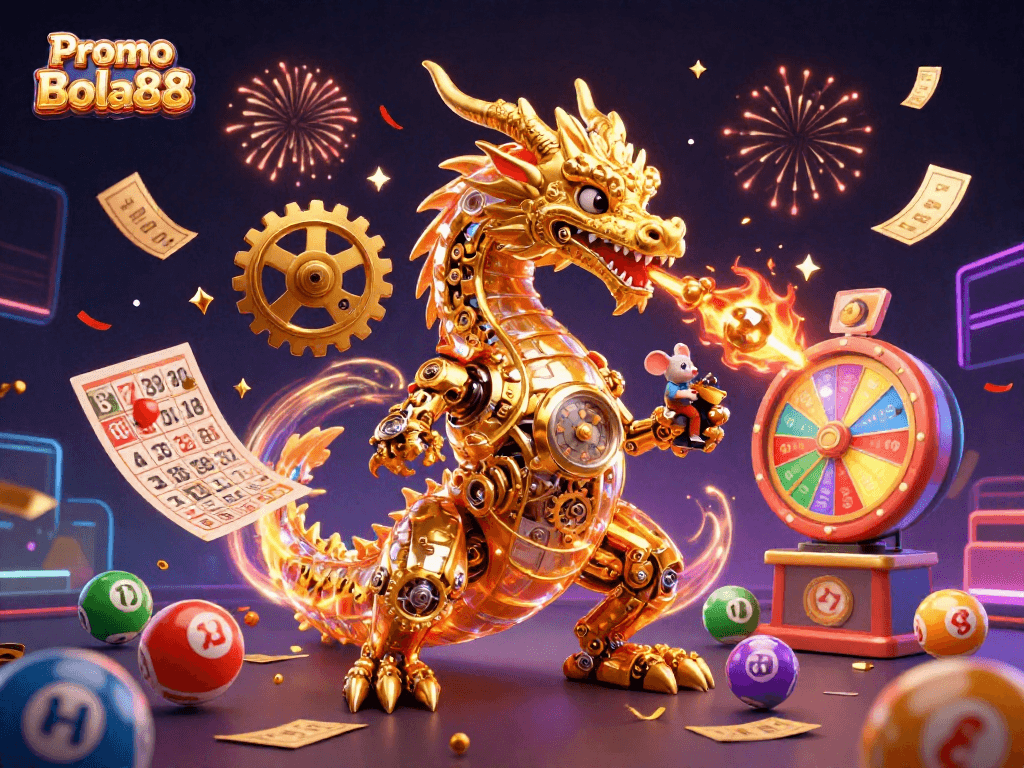 Engage with Promo Bola88's vibrant casino scene featuring golden dragon, lottery elements, and dynamic rewards.