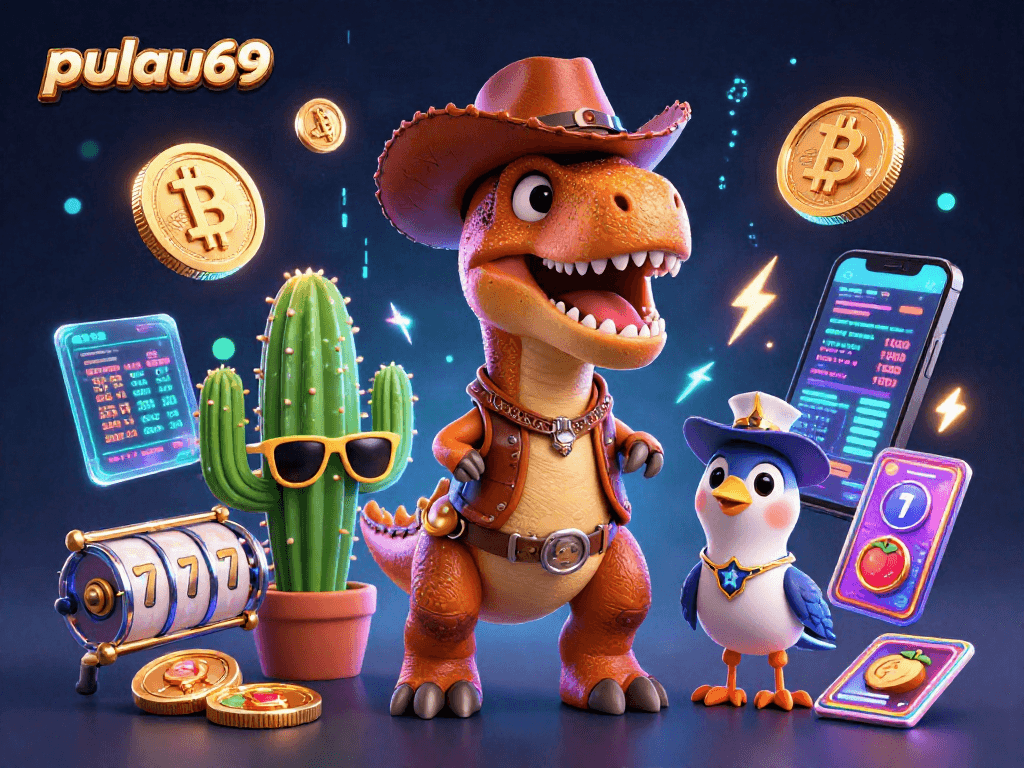 Engage in adrenaline-fueled entertainment at pulau69 with a vibrant casino-themed illustration featuring a cartoon dinosaur and crypto elements.