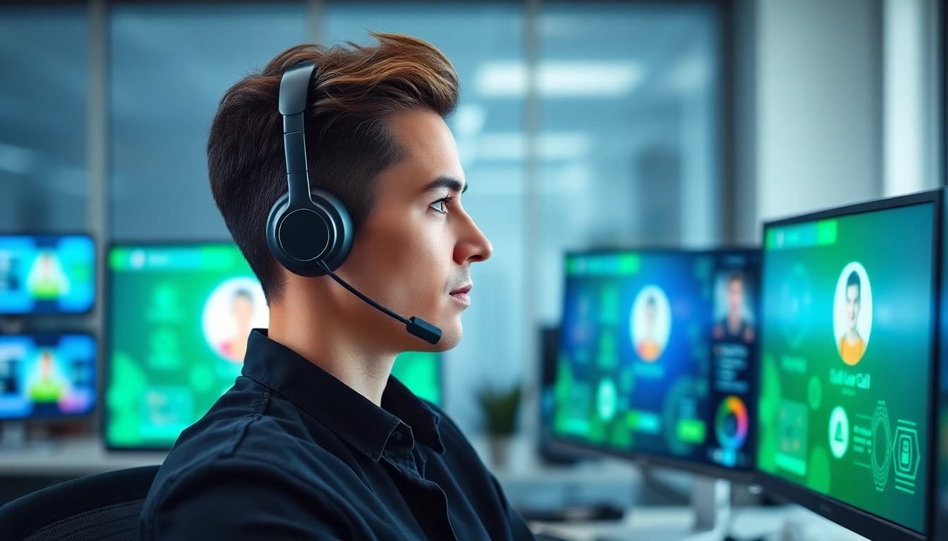 Person demonstrating remote call control technology using a headset and computer.