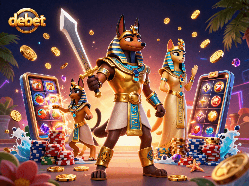 Engage with debet and spin the slots with the majestic Anubis in a vibrant casino scene.