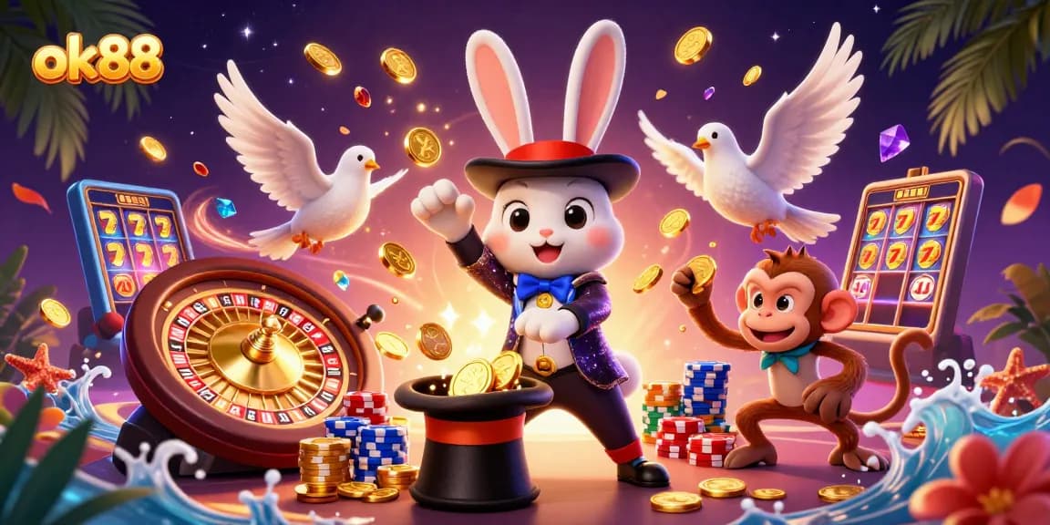 Spin to win with ok88 in a dynamic casino-themed scene featuring a magician rabbit and dazzling elements.