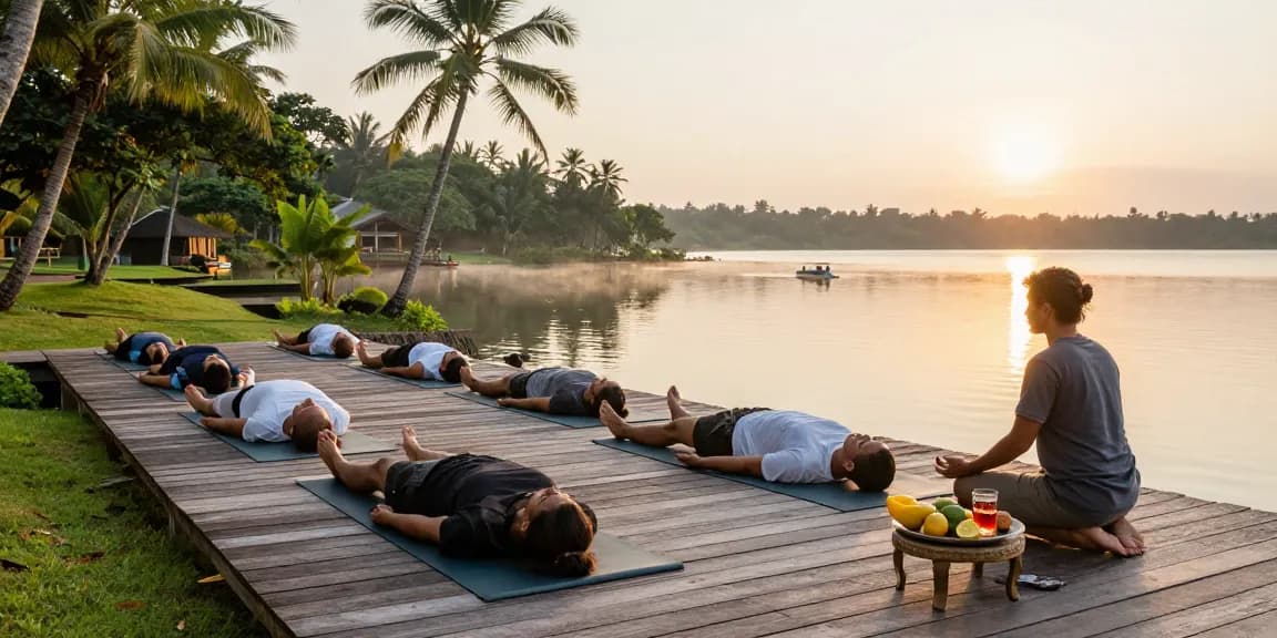 Yoga teacher training Sri Lanka with aspiring teachers practicing on a lakeside at sunrise, serene and tranquil atmosphere.