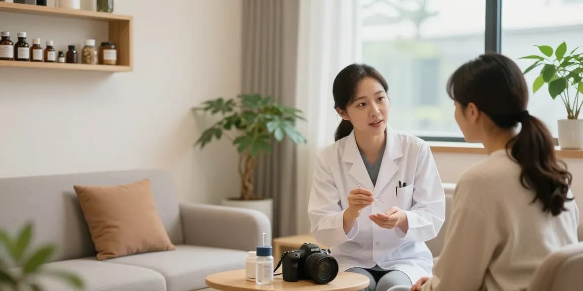 Consultation at a 수원한의원 with a practitioner and patient in a calming environment.