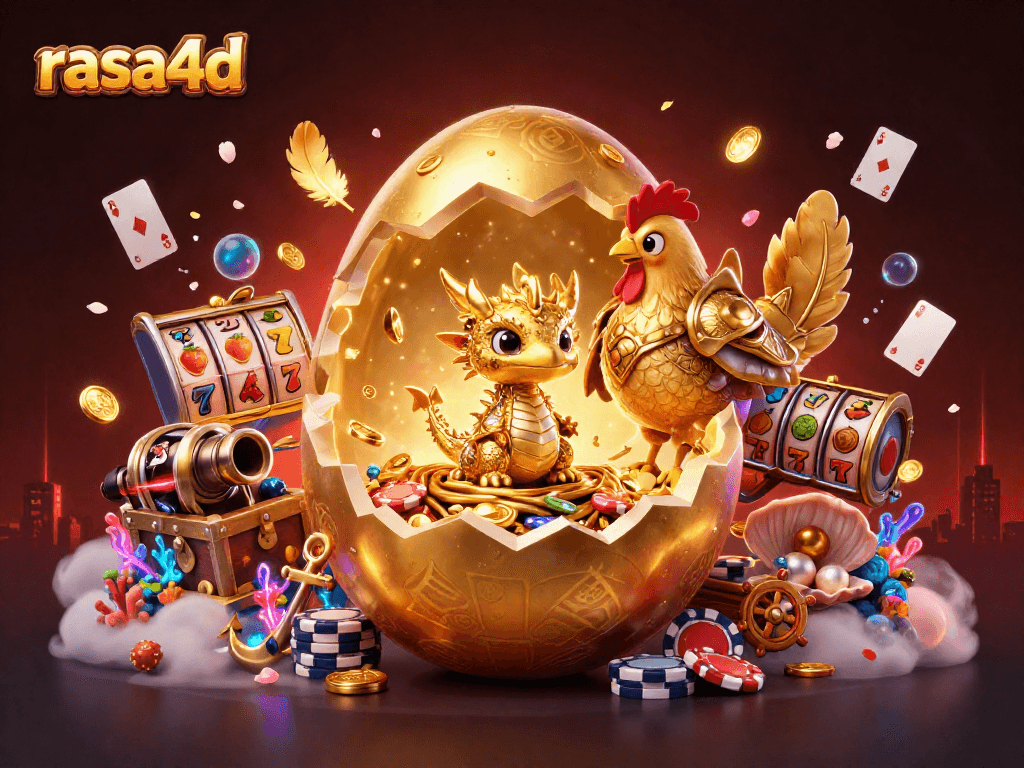 Rasakan keseruan bermain slot di rasa4d dengan ilustrasi naga emas dan simbol kasino.