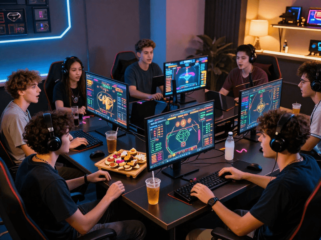 Bola88 gaming scene with diverse players engaged in an online betting game, showcasing excitement and camaraderie.