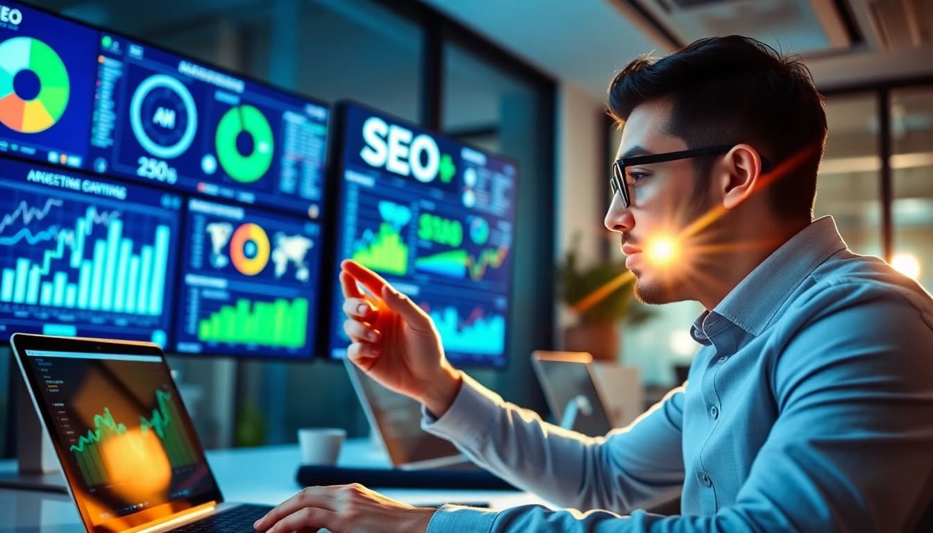 Analyze openai seo strategies with a digital marketing professional in a modern office setting