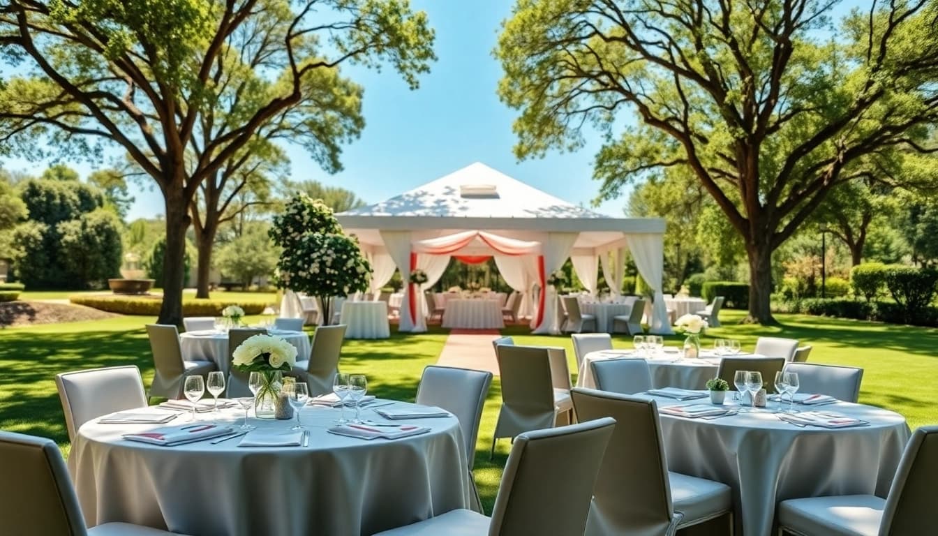 Showcase beautiful corporate event rentals with elegant tents and stylish furniture.