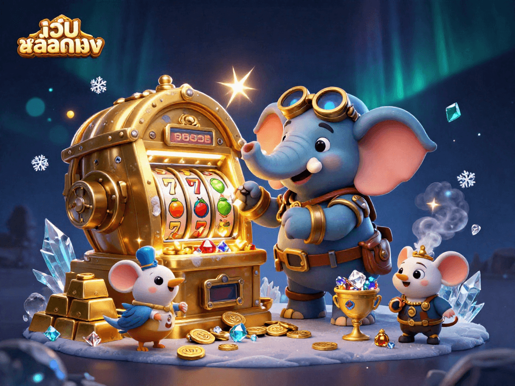 Engage with เว็บสล็อตตรง's lively 3D steampunk scene featuring a slot machine, treasures, and vibrant characters.