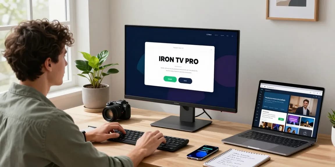 Configuration de l'application IRON TV PRO dans un bureau moderne avec un accent sur la technologie