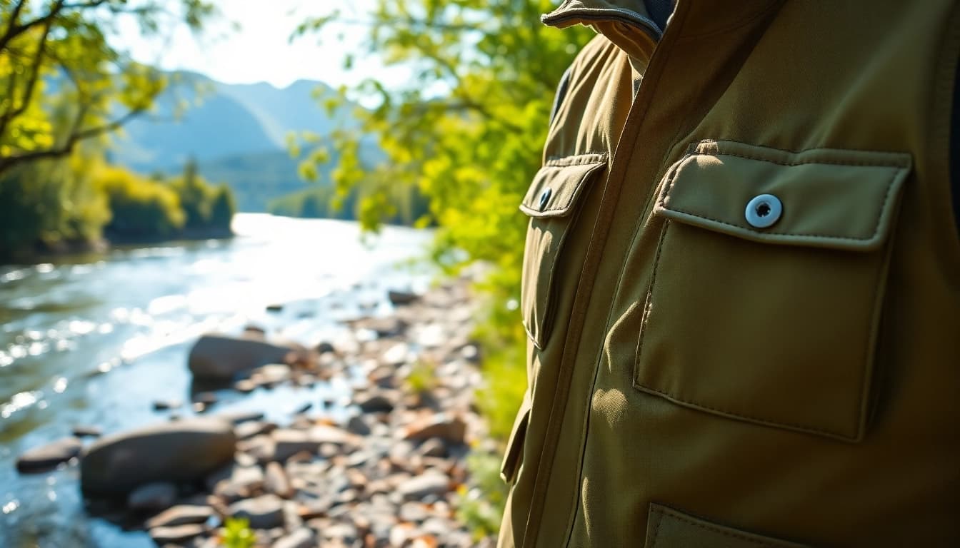 A fly fishing vest showcasing its features and pockets near a serene riverbank.