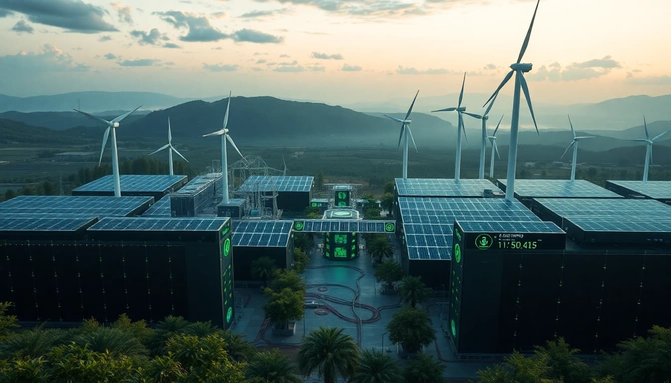 Futuristic cloud crypto mining facility powered by renewable energy sources, showcasing advanced technology and sustainable practices.