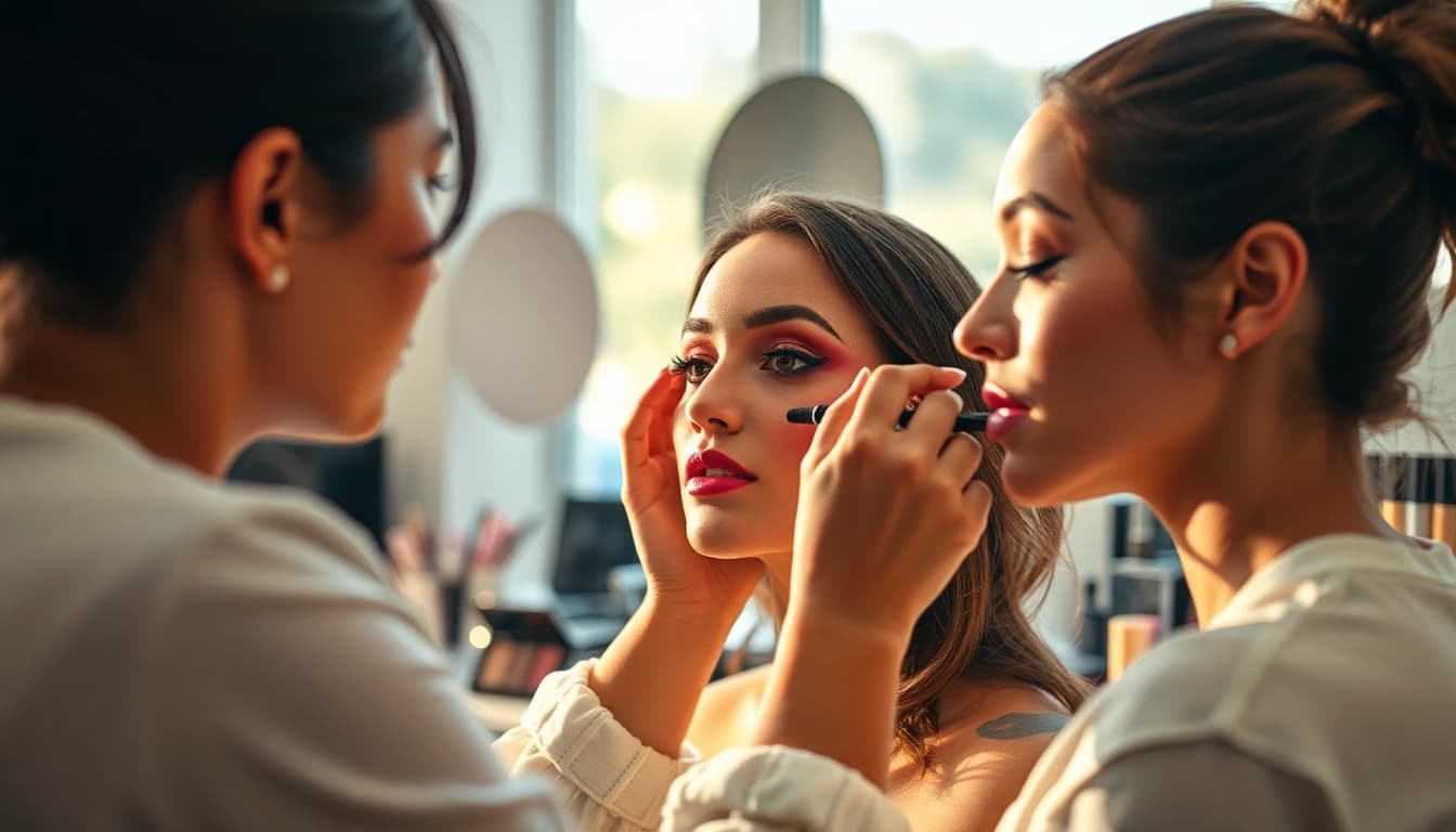 Learn makeup courses with a professional applying vibrant makeup on a model in a modern studio.