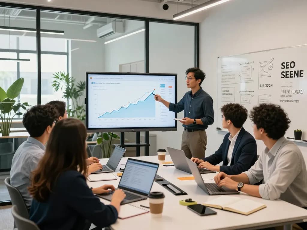 Team collaboration in a modern SEO Company in NYC, showcasing analytics and strategies for digital success.