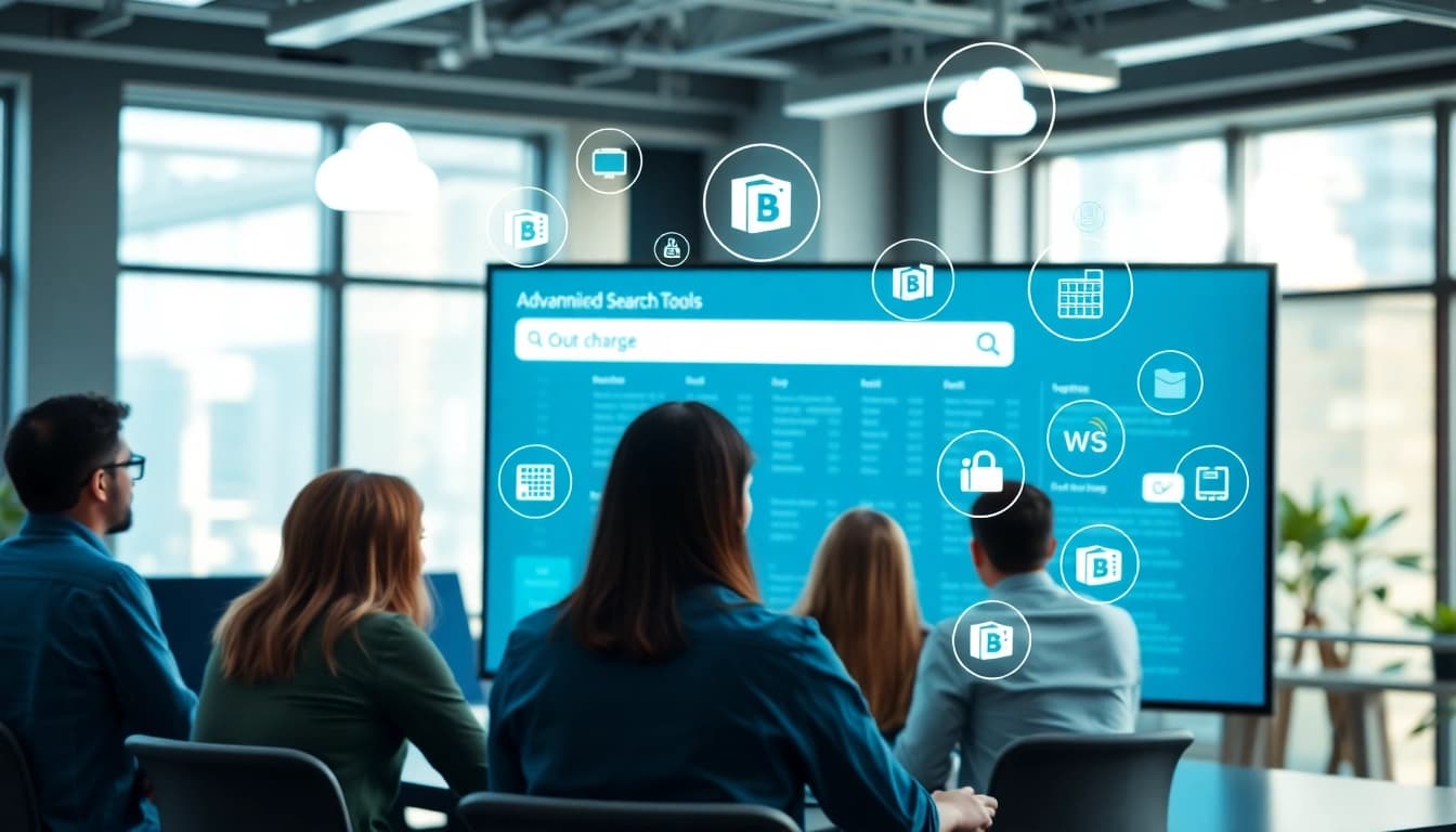 Showcasing enterprise search tools in action, a diverse team collaborates using digital workspace technology.