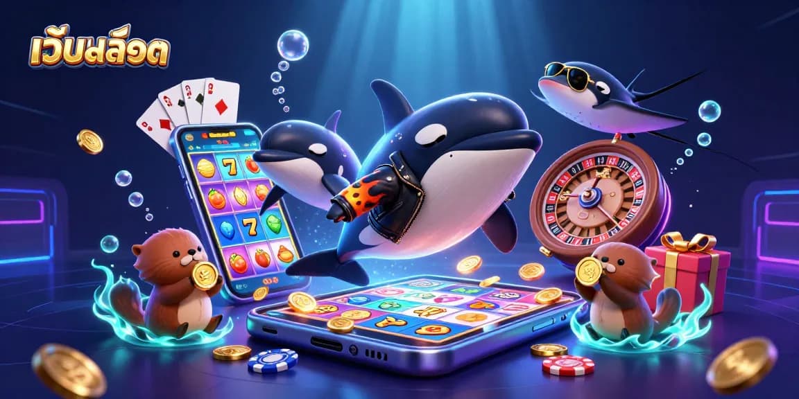 Engage with เว็บสล็อต as vibrant sea creatures dive into a dynamic casino world with coins and games.