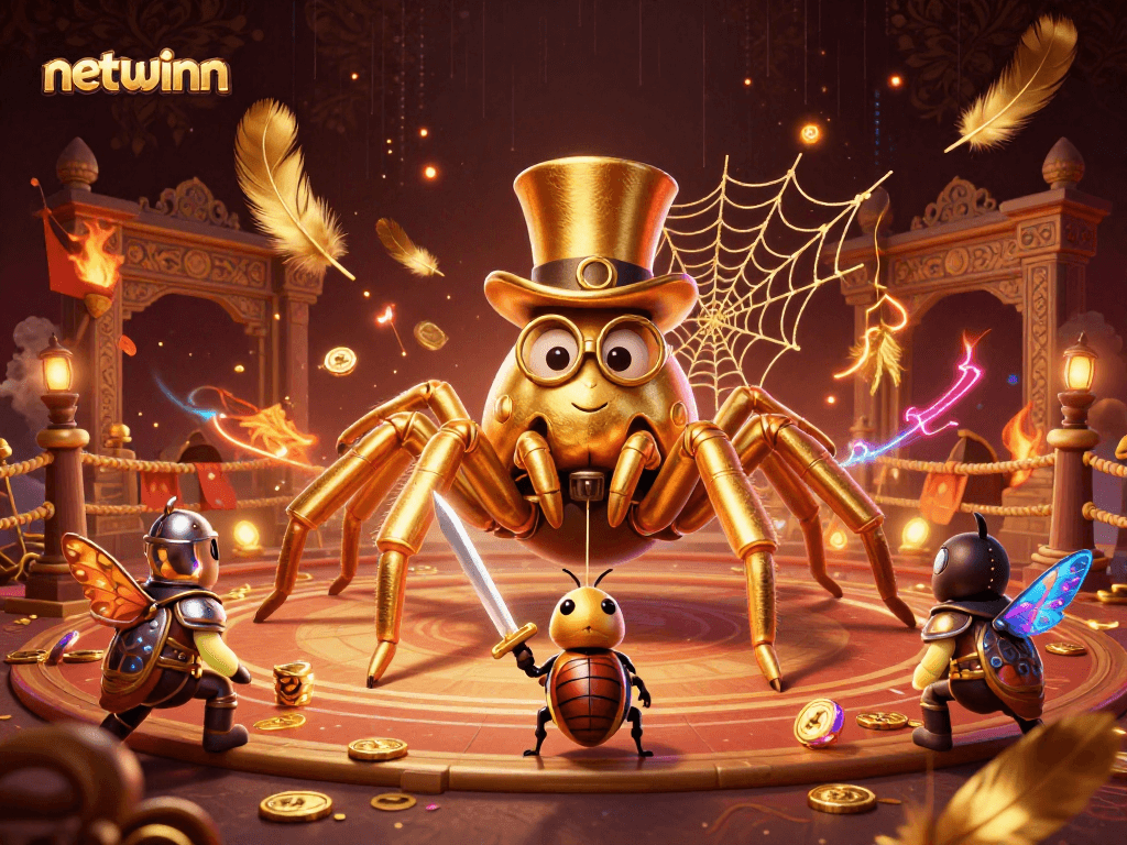 Engage with the netwinn gaming universe featuring a brave beetle knight and golden tarantula amidst casino action.