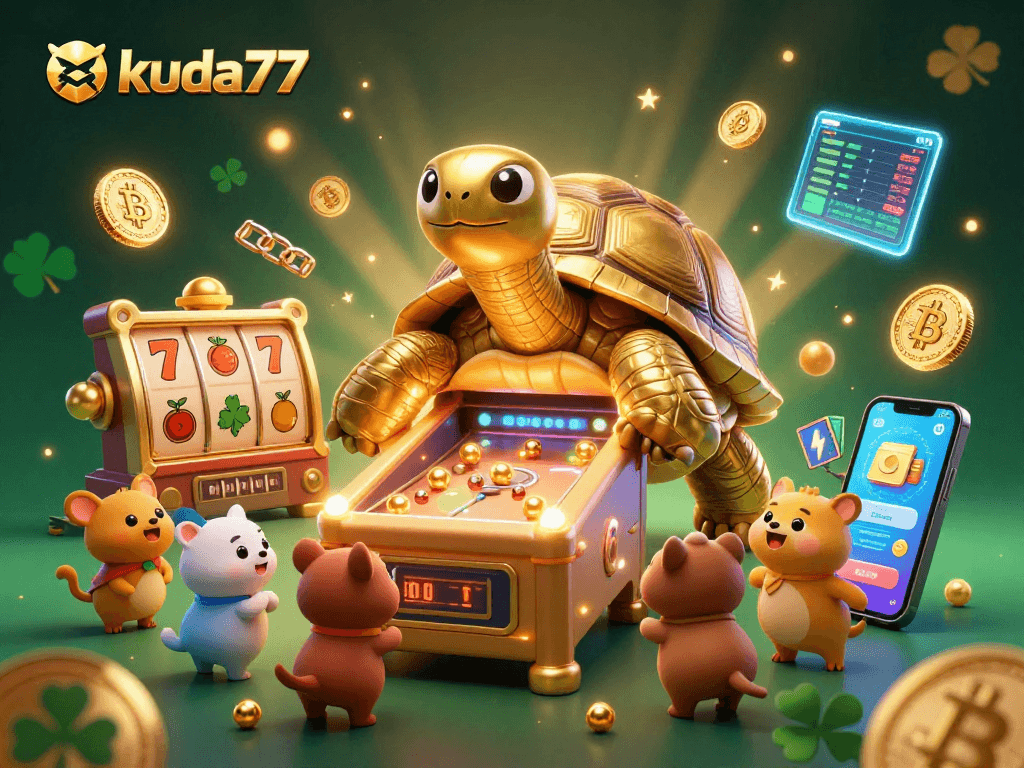 Mainkan slot jackpot di kuda77 dengan karakter kura-kura emas raksasa dan elemen kasino menakjubkan.