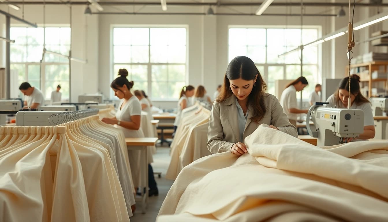 Linen clothing manufacturer showcasing skilled artisans crafting high-quality linen apparel.