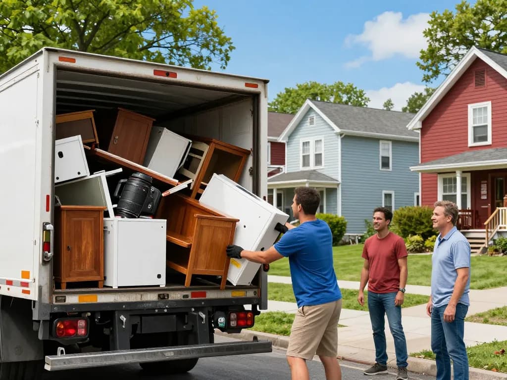 JUNK REMOVAL BERGEN COUNTY service in action with a team loading furniture and appliances into a truck.