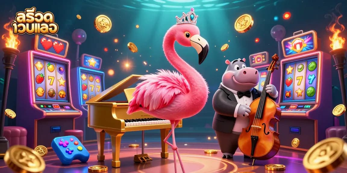Engage with สล็อตเว็บตรง in a vibrant casino scene featuring a flamingo singer and hippo bassist.