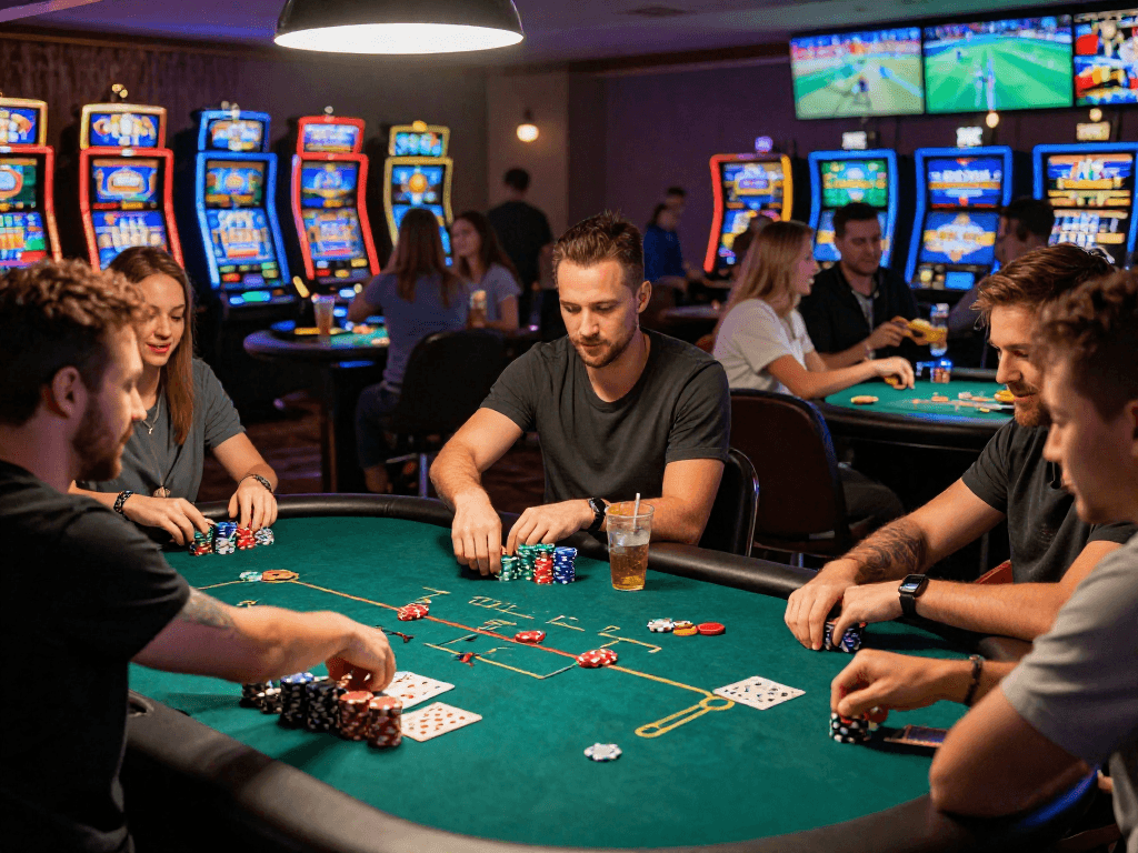 Friends enjoying a lively poker game at a casino showcasing rokok88 excitement and social interaction.