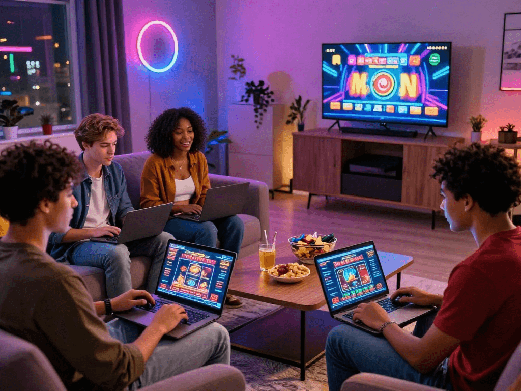 Friends enjoying a casino online experience in a stylish living room with vibrant decor.