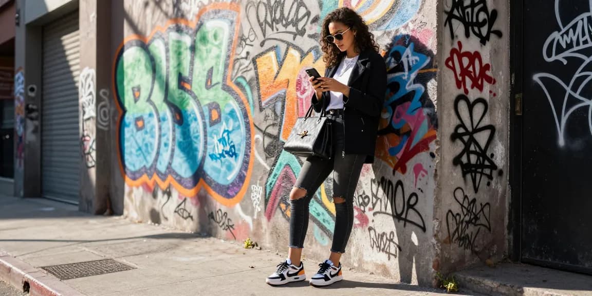 Young woman displaying 명품 레플리카 streetwear fashion against vibrant urban backdrop.