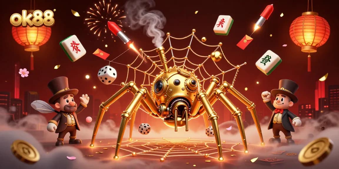 Engage with ok88 for thrilling casino adventures featuring a steampunk spider and mahjong tiles.