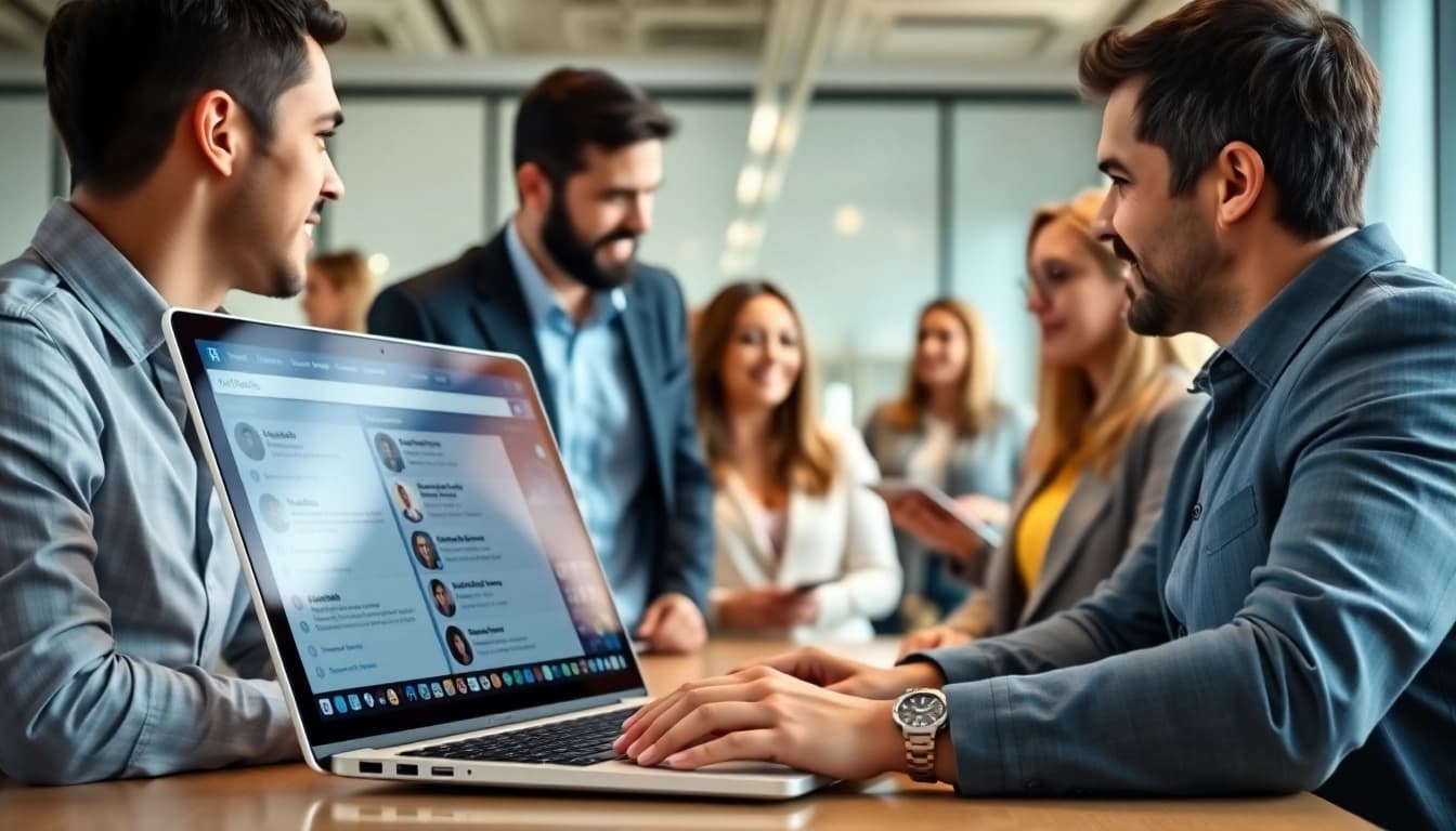 Scrape LinkedIn search results effectively with professionals collaborating in a modern office.