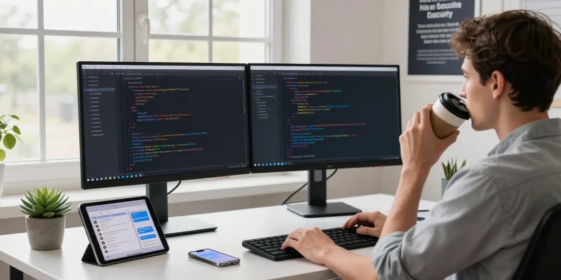快连 software engineer debugging code on dual monitors in a bright workspace.