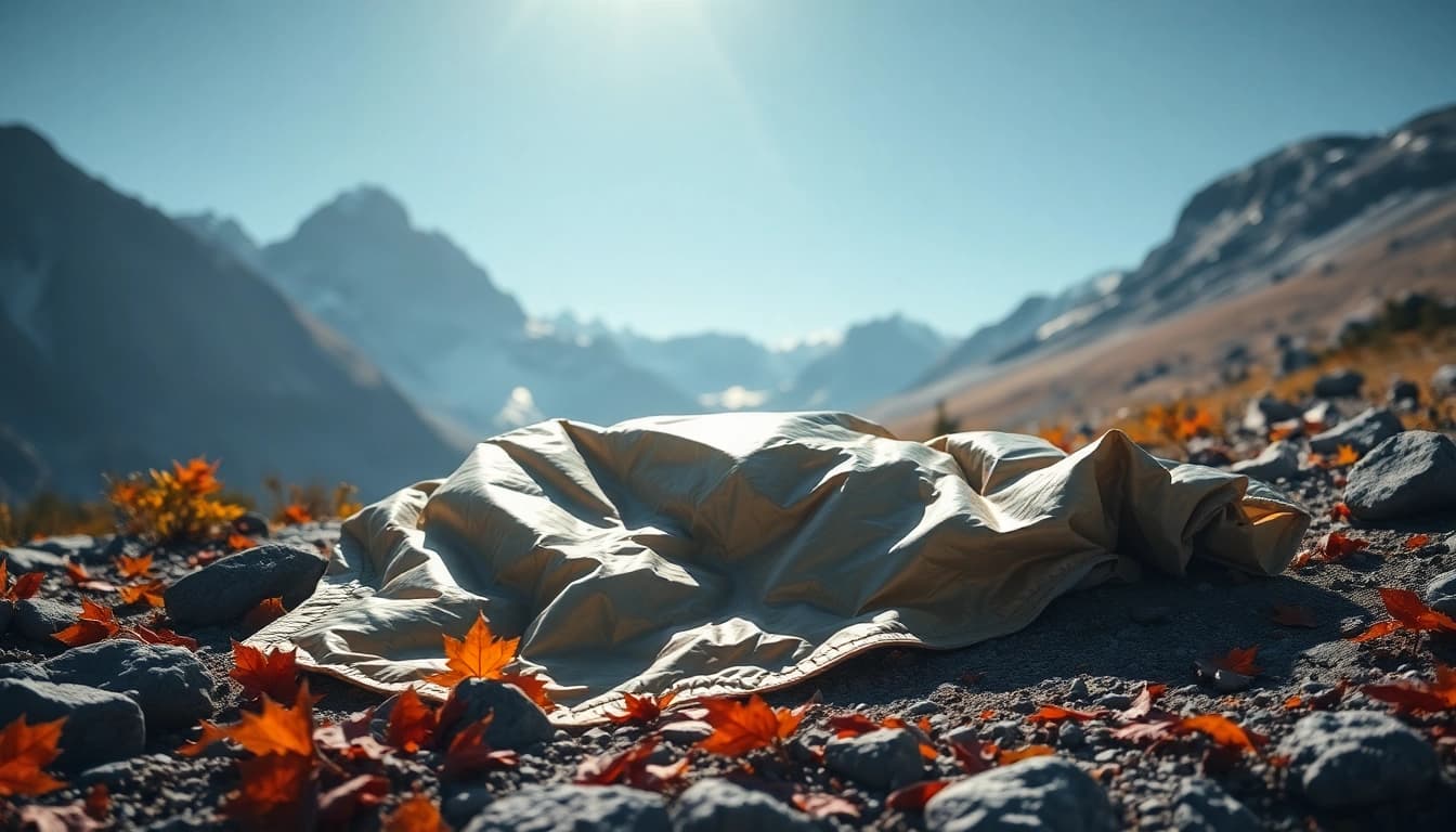 Utilizing an emergency blanket on rugged terrain, showcasing its reflective properties and survival features.