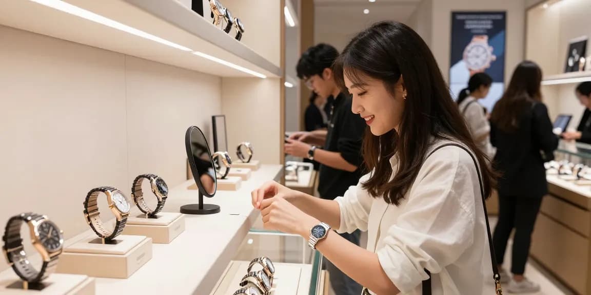 Stylish young woman trying on a 시계 레플리카 in a modern boutique, showcasing luxury watches and inviting atmosphere.
