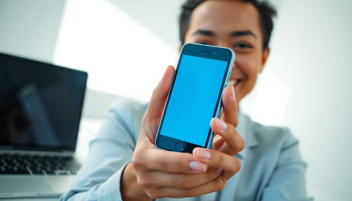 Sell my old phone for cash with a confident professional holding a smartphone in a clean workspace.
