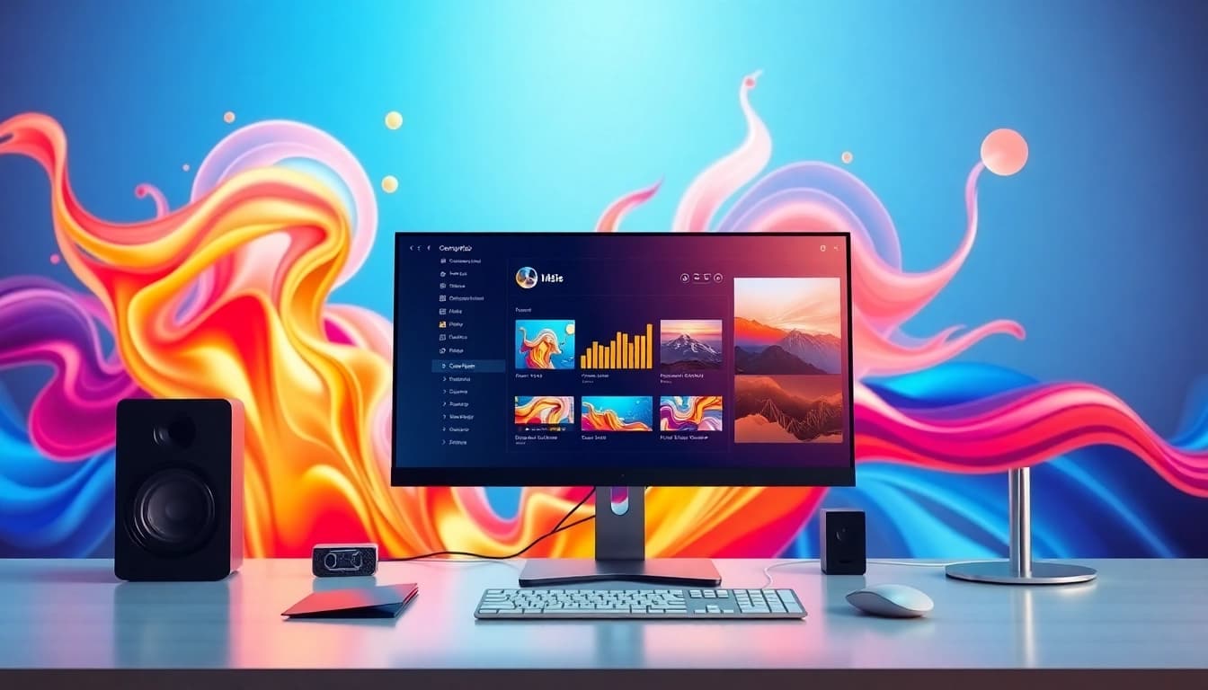 Utilize an image generator to create a modern, sleek digital art interface with vibrant visuals.