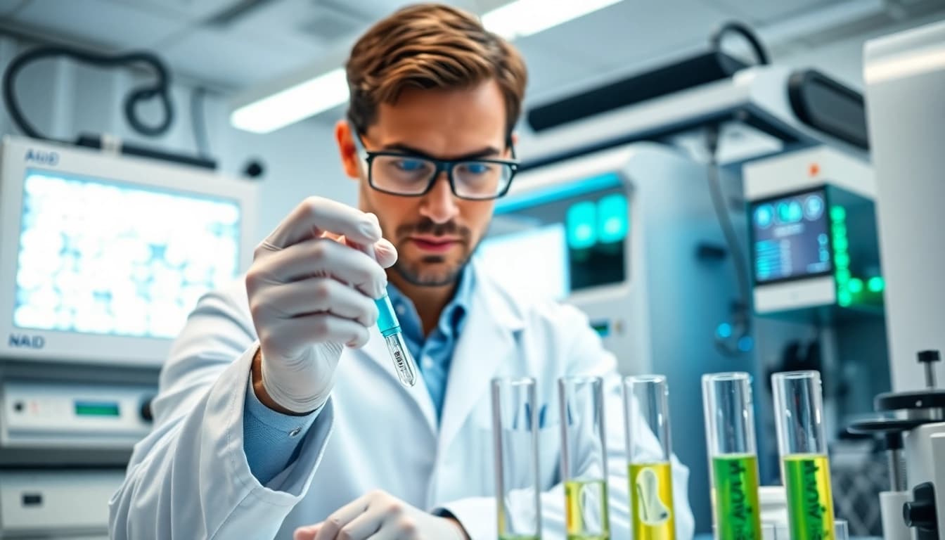 NAD+ analysis in a modern laboratory with advanced biotech equipment.