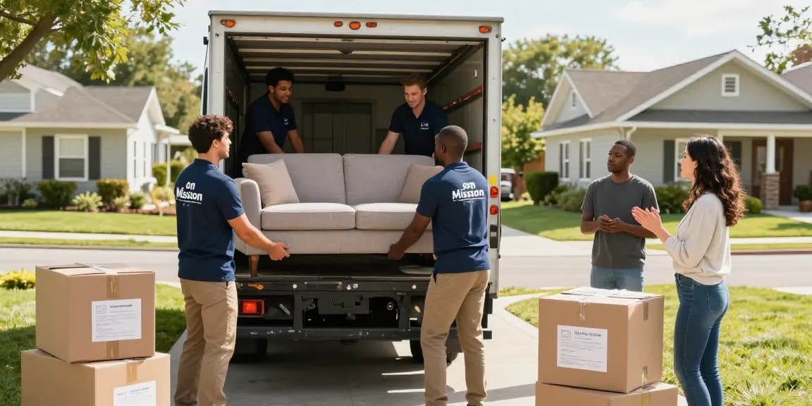 Men on Mission movers loading a sofa with care and professionalism in a sunny suburban setting.