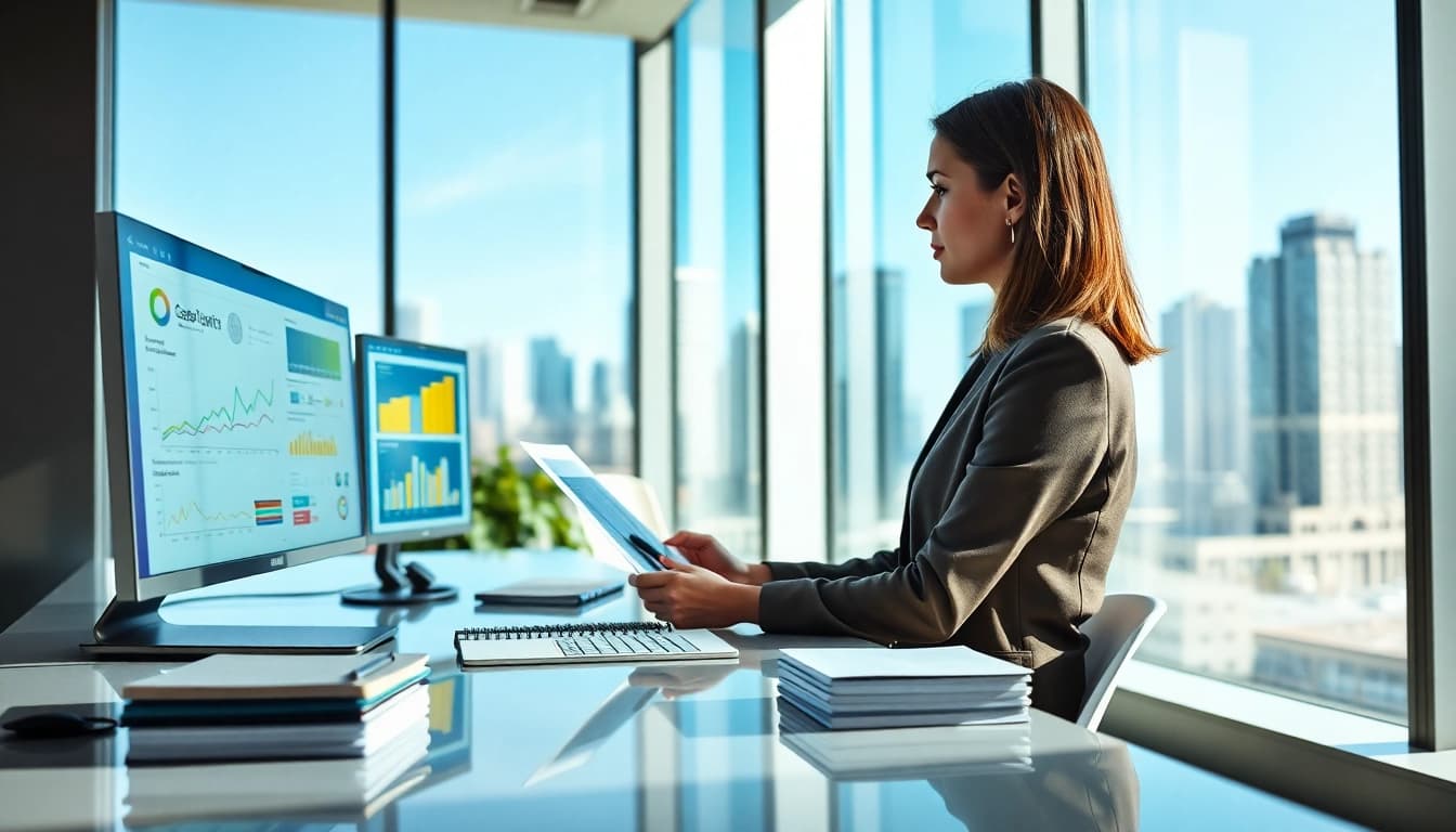 Analyze competitive intelligence data in a modern office environment with a data analyst.